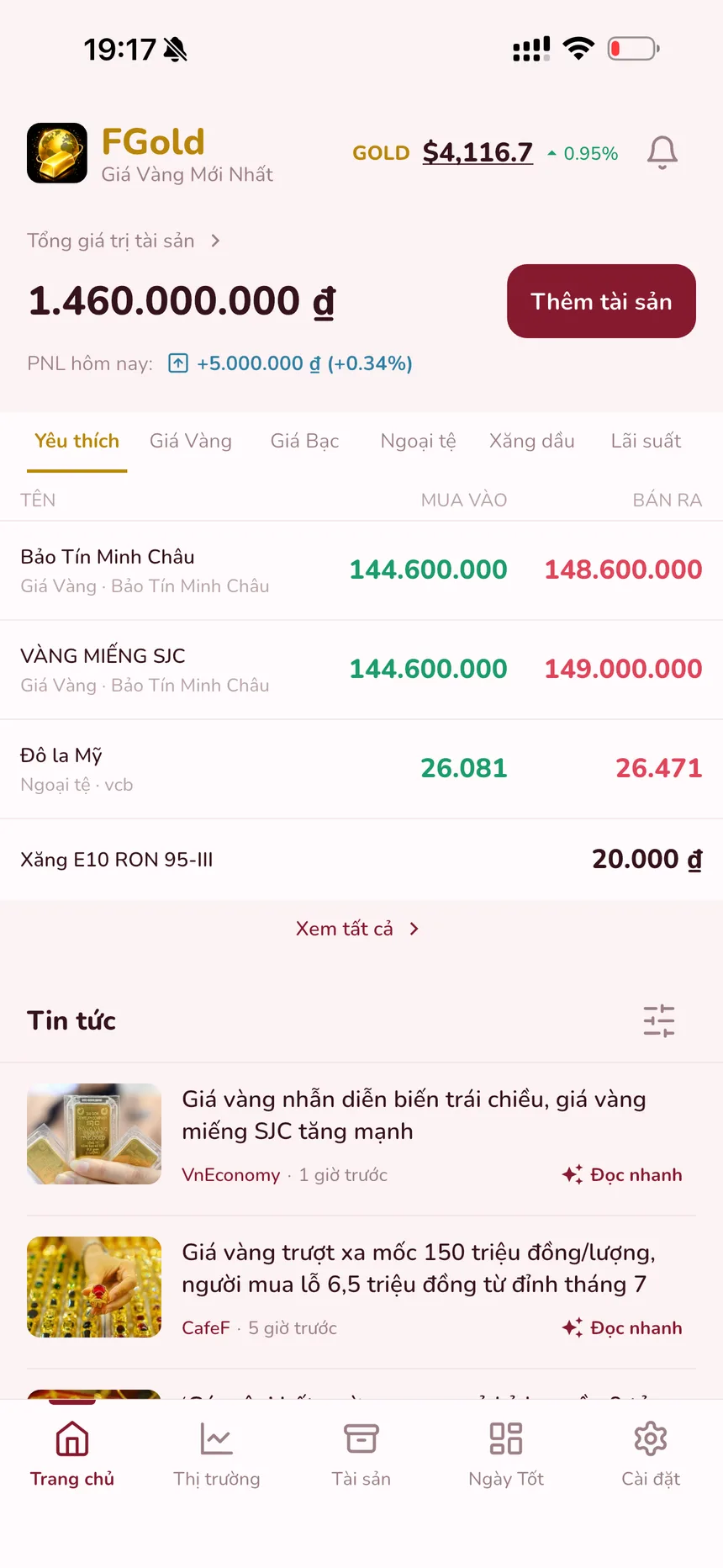 Màn hình trang chủ FGold: tổng tài sản, danh sách theo dõi và tin tức