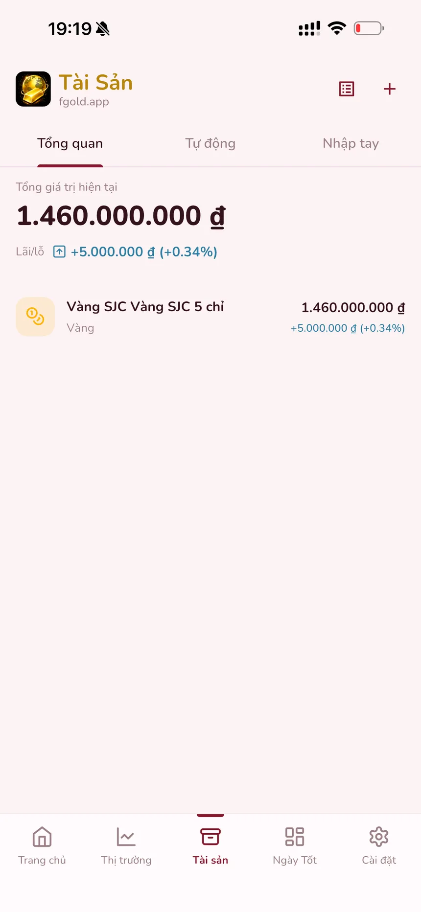 Màn hình tài sản FGold hiển thị tổng giá trị danh mục và lãi lỗ trong ngày